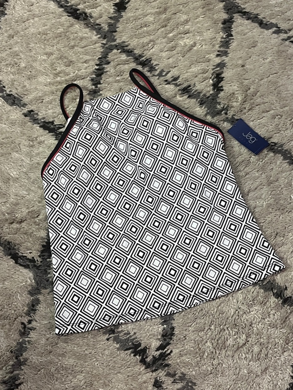 JAG Geo Print Spaghetti Strap Tank in Black & White with Red Trim (L) - Picture 2 of 7
